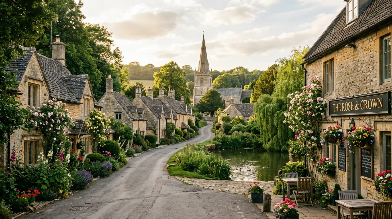 Peaceful village scene with a traditional pub