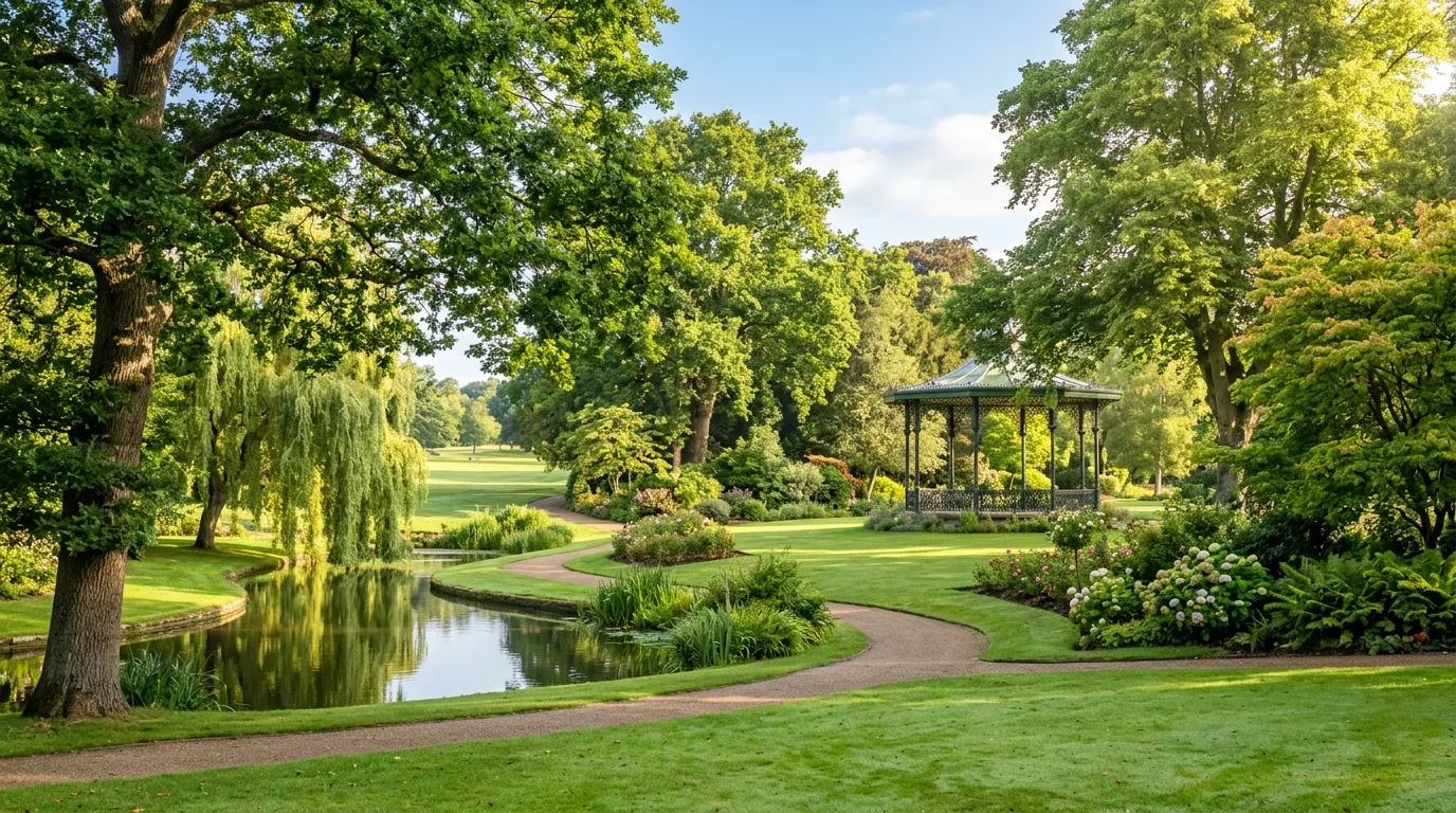 Lush green park with trees in a UK town
