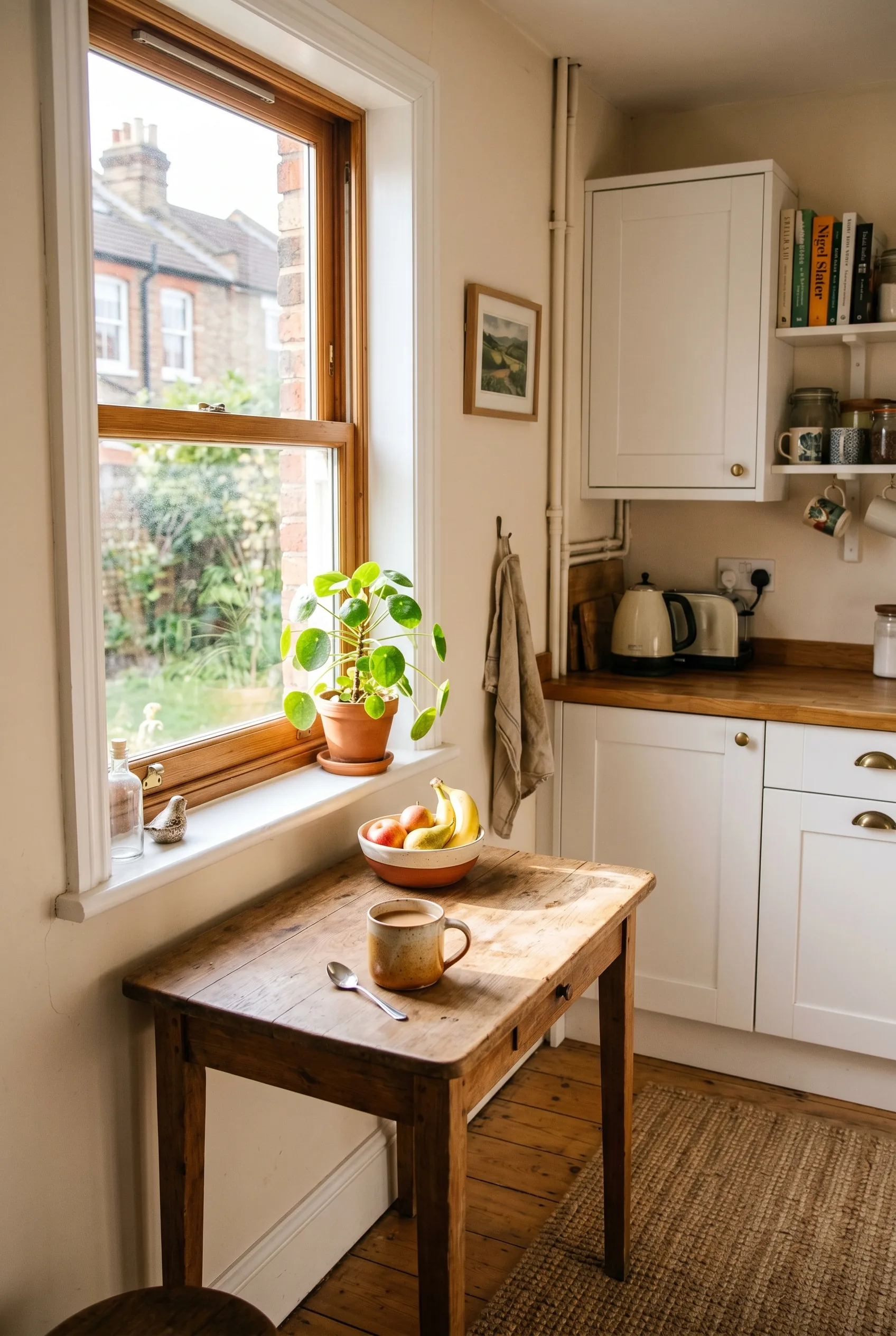 A simple bright galley kitchen corner in a modest UK terraced house, with a small wooden table, a mug of tea, a ceramic fruit bowl, and a houseplant on a sunlit windowsill
