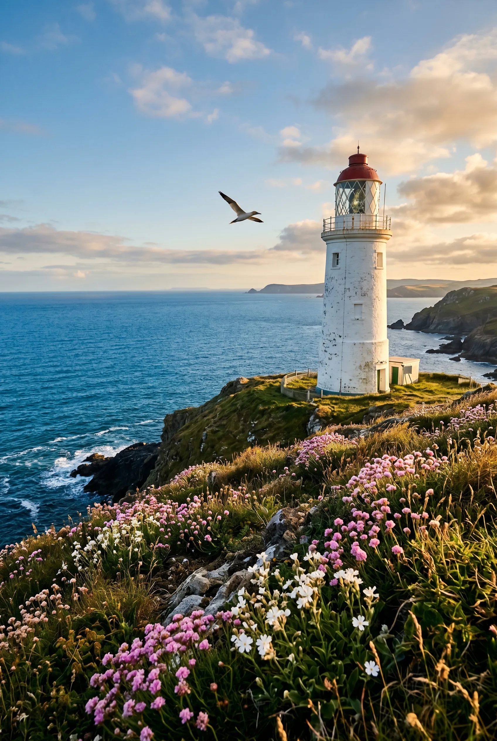 A white-painted stone lighthouse on a grassy clifftop with wild thrift and sea-campion flowering in the foreground, a vivid blue summer sea below, and a single seabird wheeling past in warm evening light
