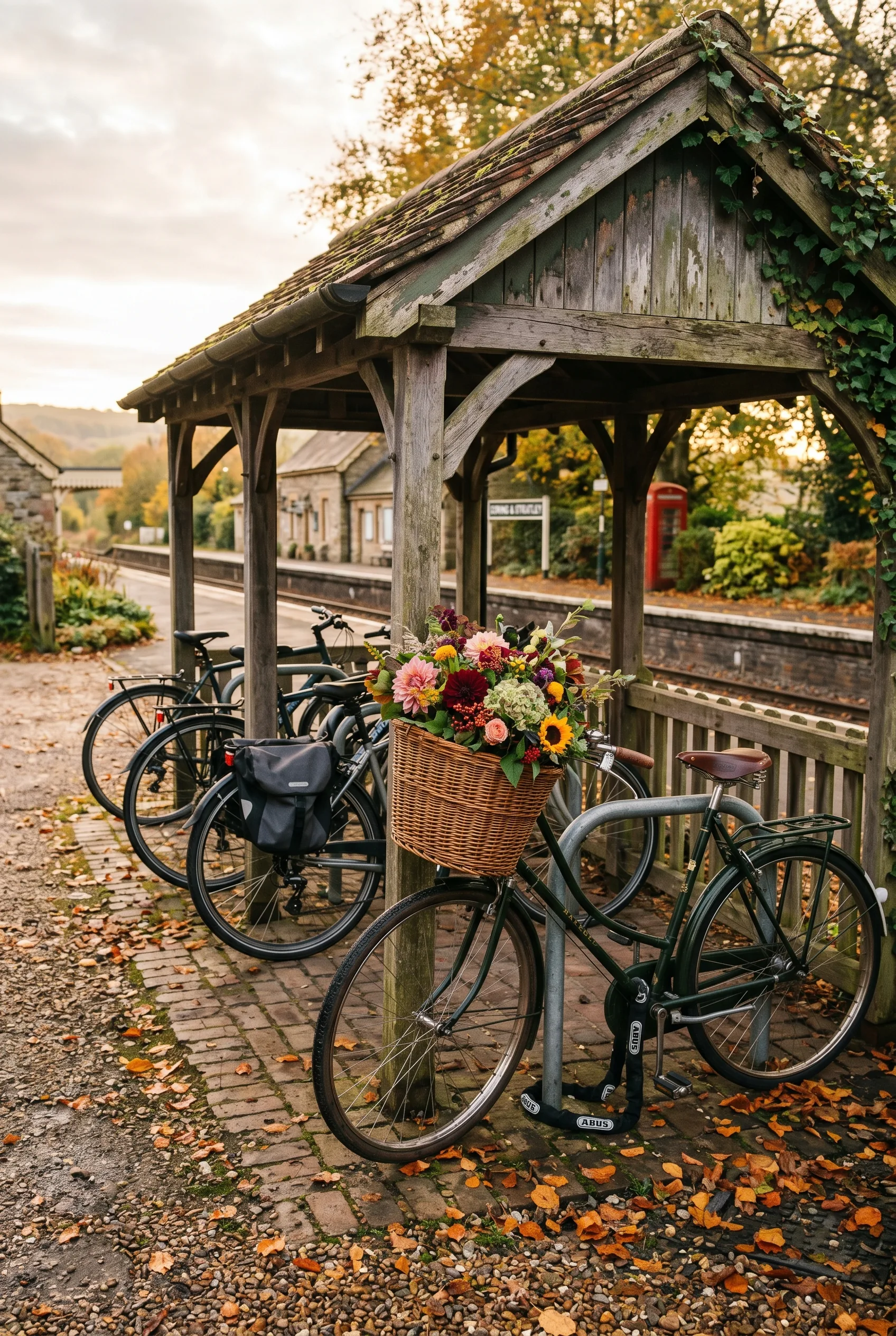 A neat row of bicycles locked at a small UK rural railway station, including a vintage step-through with a wicker basket of flowers, beside a weathered timber bike shelter in morning sunlight with autumn leaves on the ground