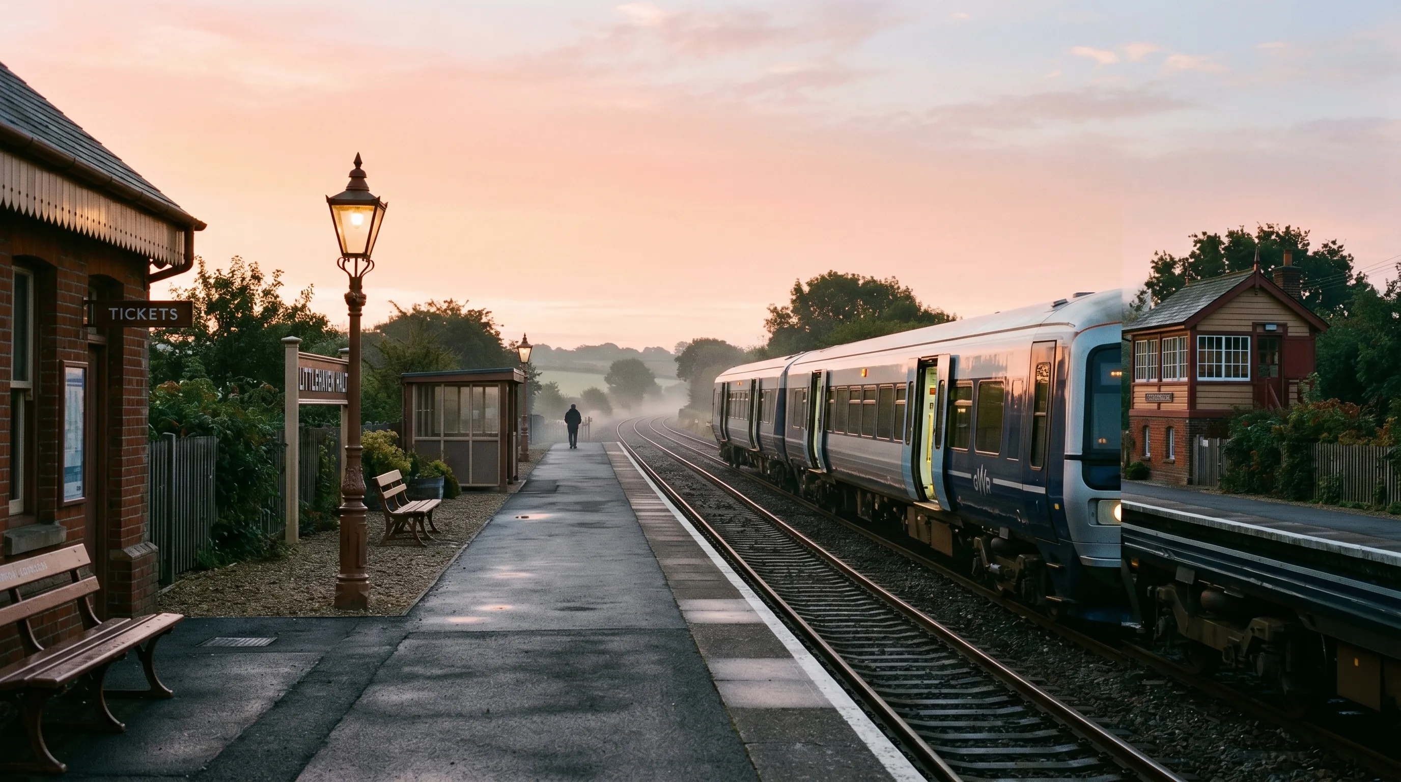 A small UK branch-line railway station at dawn, with a clean platform under a pink-orange sky, a silver commuter train with doors just open, tidy benches, a Victorian station lamp, and mist lifting off the tracks