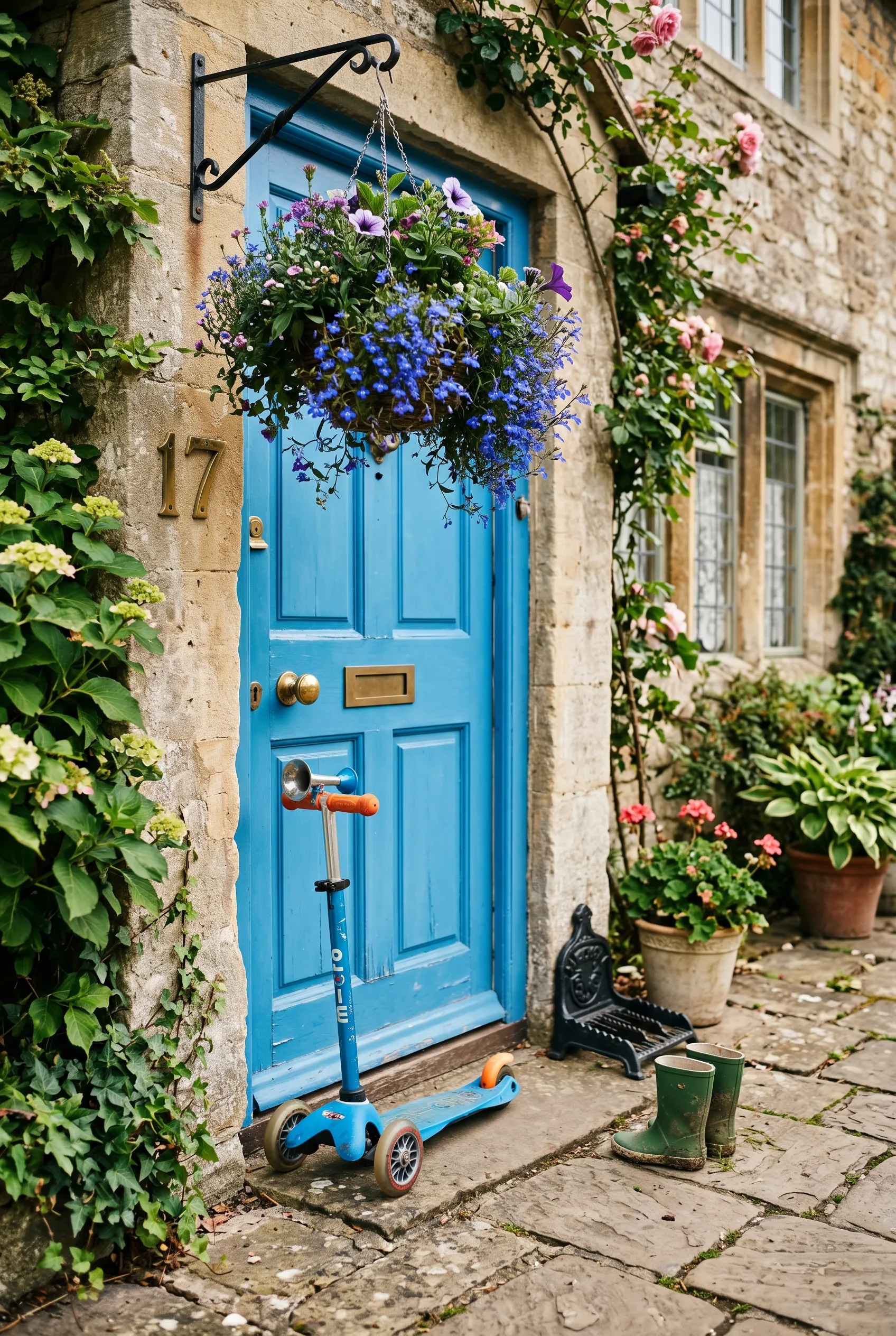 A child's bright blue scooter propped against a cheerful painted front door with a brass numeral and a hanging basket of lobelia, with a small pair of wellies by the boot-scraper on worn flagstones in soft morning light