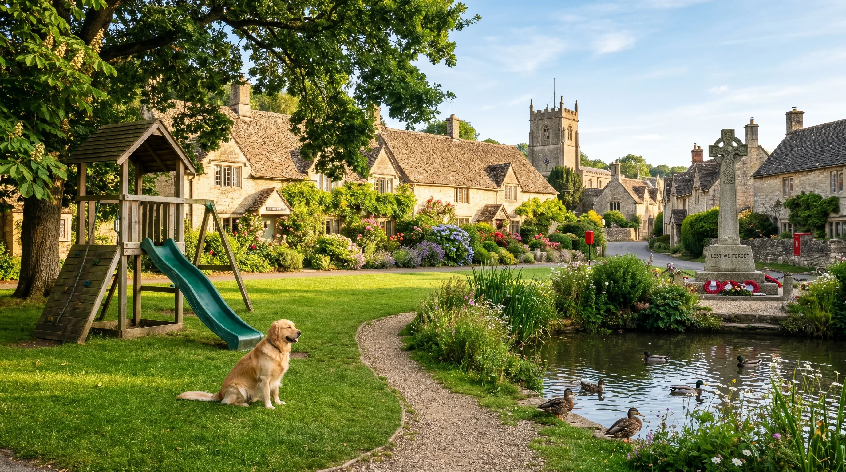 A classic English village green on a sunny Saturday, with a wooden climbing frame and slide, a duck pond with mallards, a stone war memorial, cottage gardens bordering the scene, and a golden retriever sitting on the grass