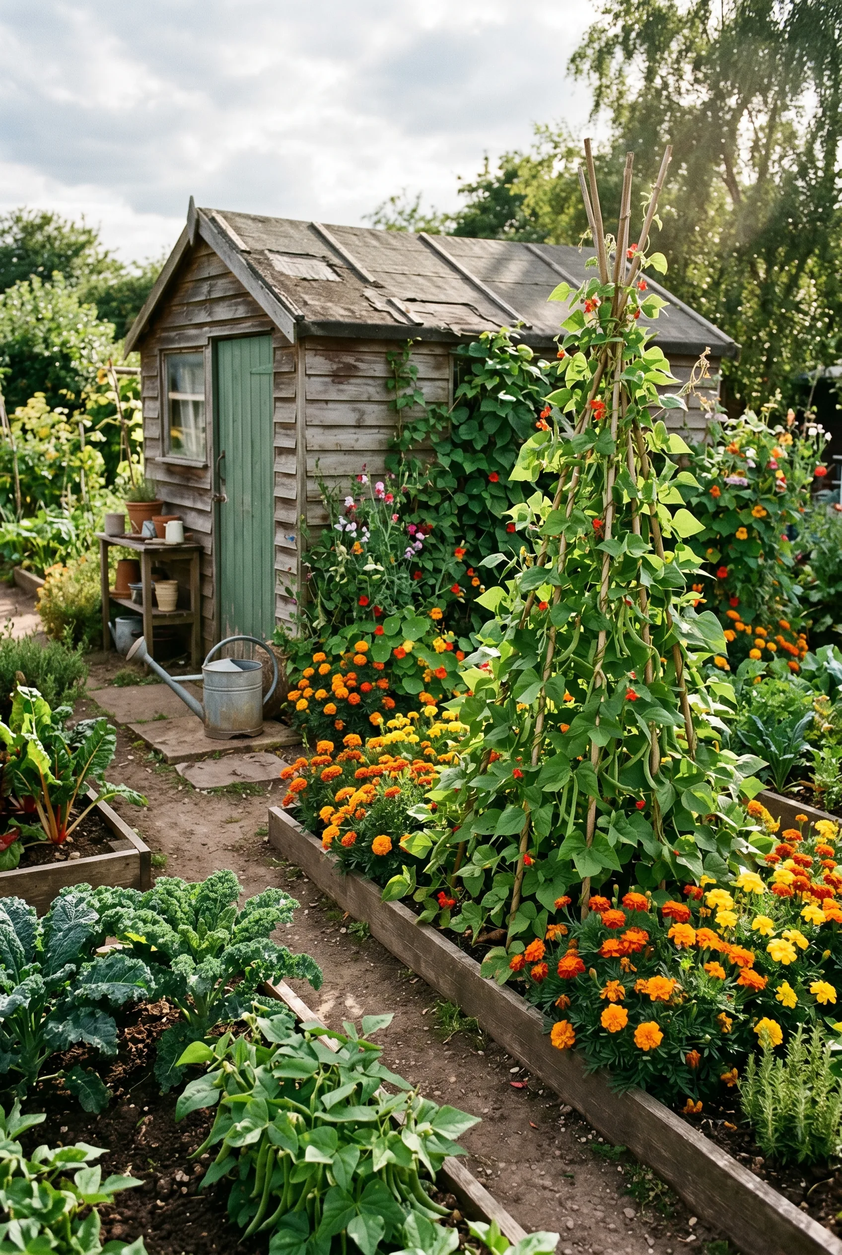 A well-tended English allotment plot in July with wooden raised beds of kale, bean wigwams, orange marigolds, and a weathered wooden shed with a watering can, in dappled afternoon light