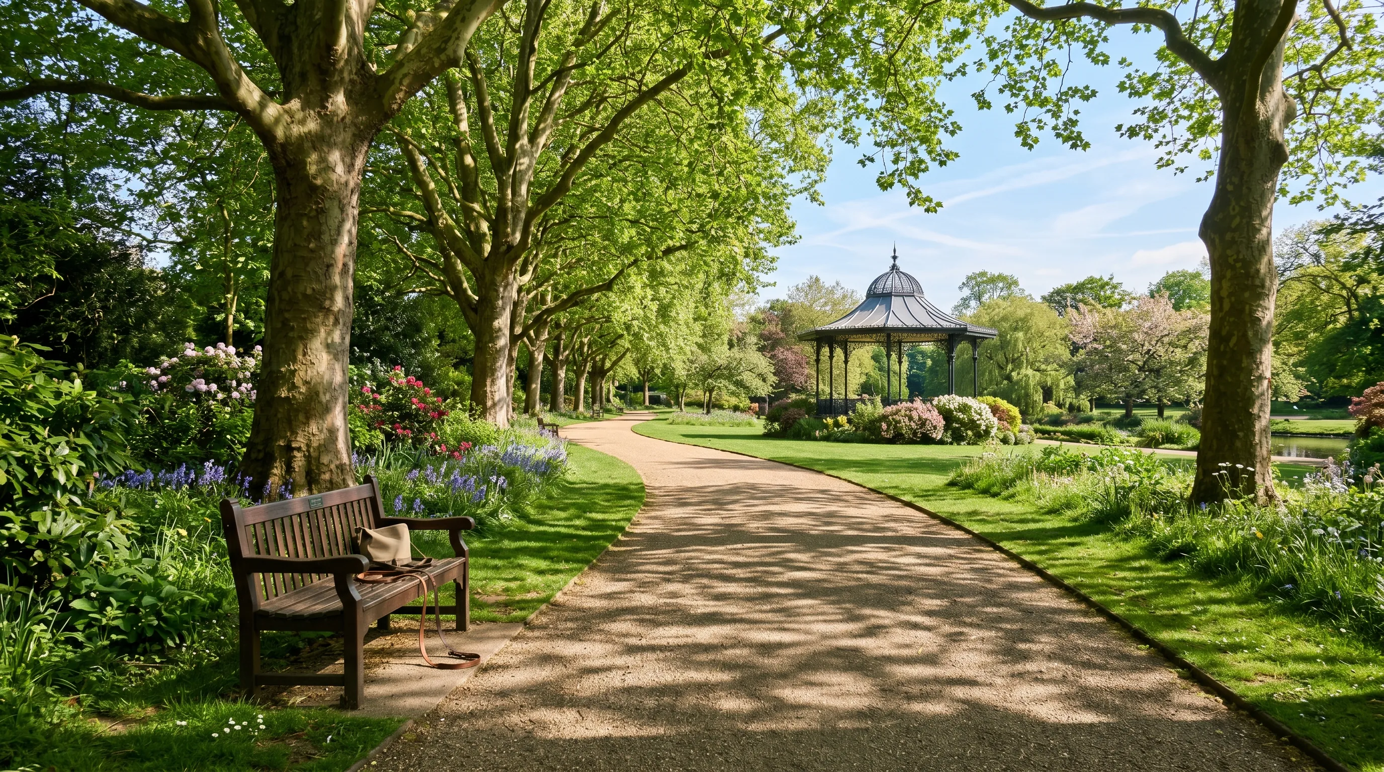A leafy urban park path in a well-kept British town park, with a broad tree-lined avenue, dappled sunlight, a dog lead left on a wooden bench, mature London plane trees, and a distant bandstand in late-spring light