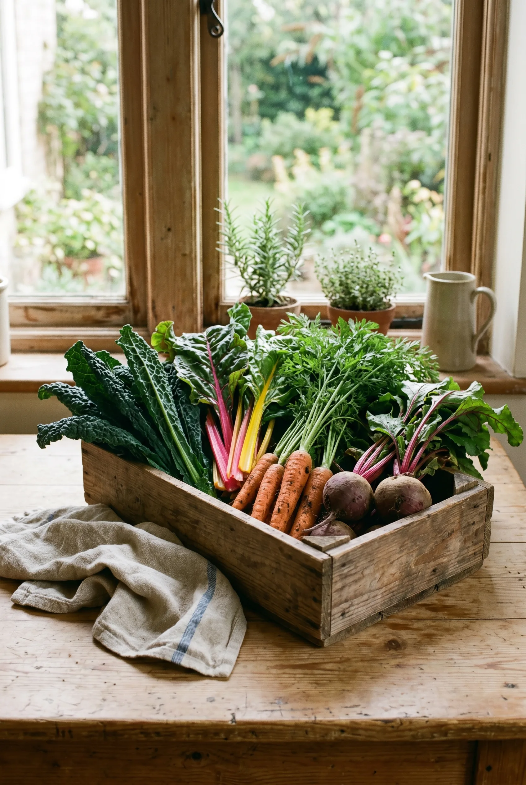 A wooden crate of freshly-harvested local vegetables on a scrubbed pine kitchen table, with leafy kale, rainbow chard, carrots with their tops, purple beetroot, and a linen tea towel in soft morning window light