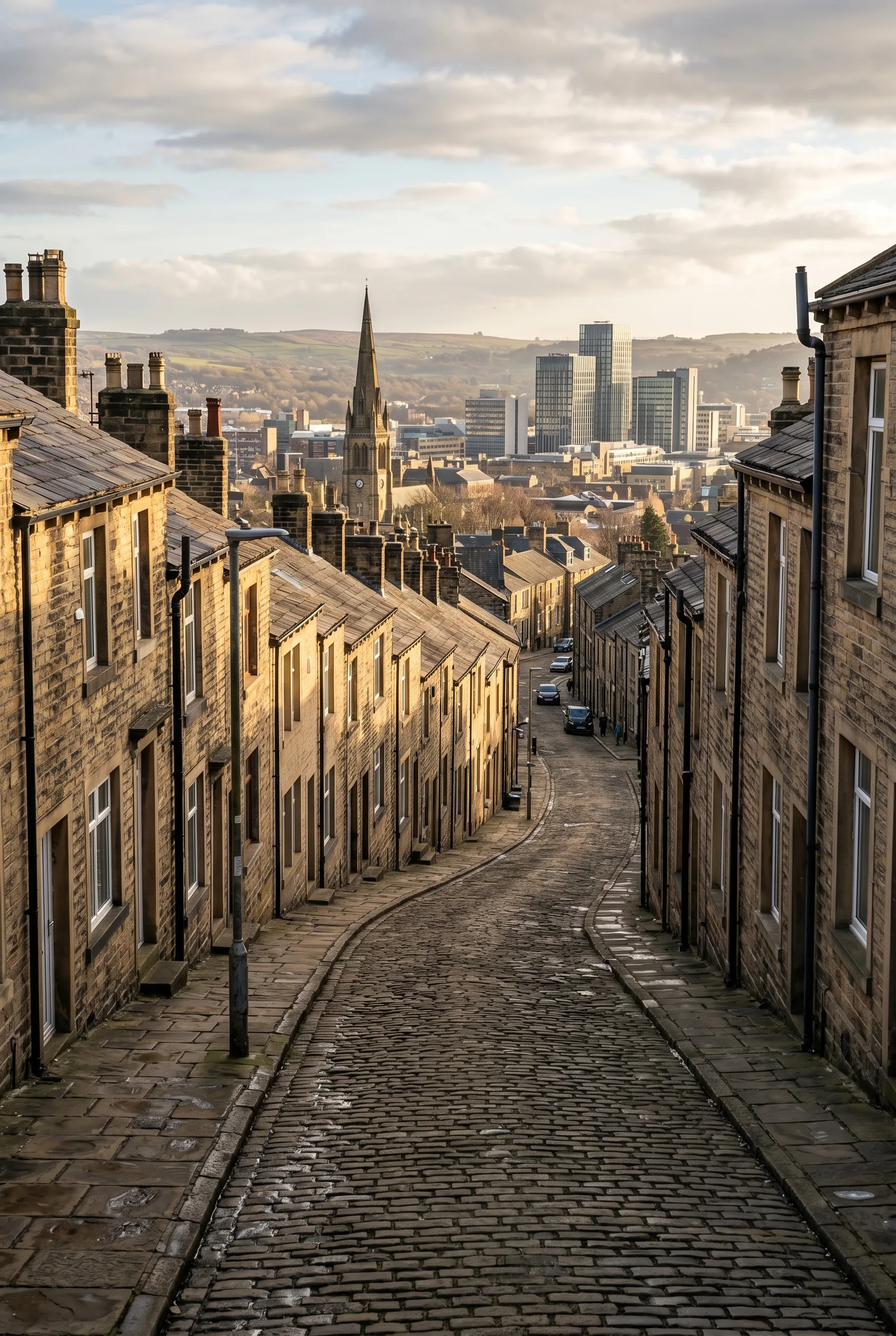 A steep Pennine terraced street descending toward a Northern English city, honey-coloured stone cottages receding down the hill, a cathedral spire and modern glass towers visible in the distance, warm late afternoon light