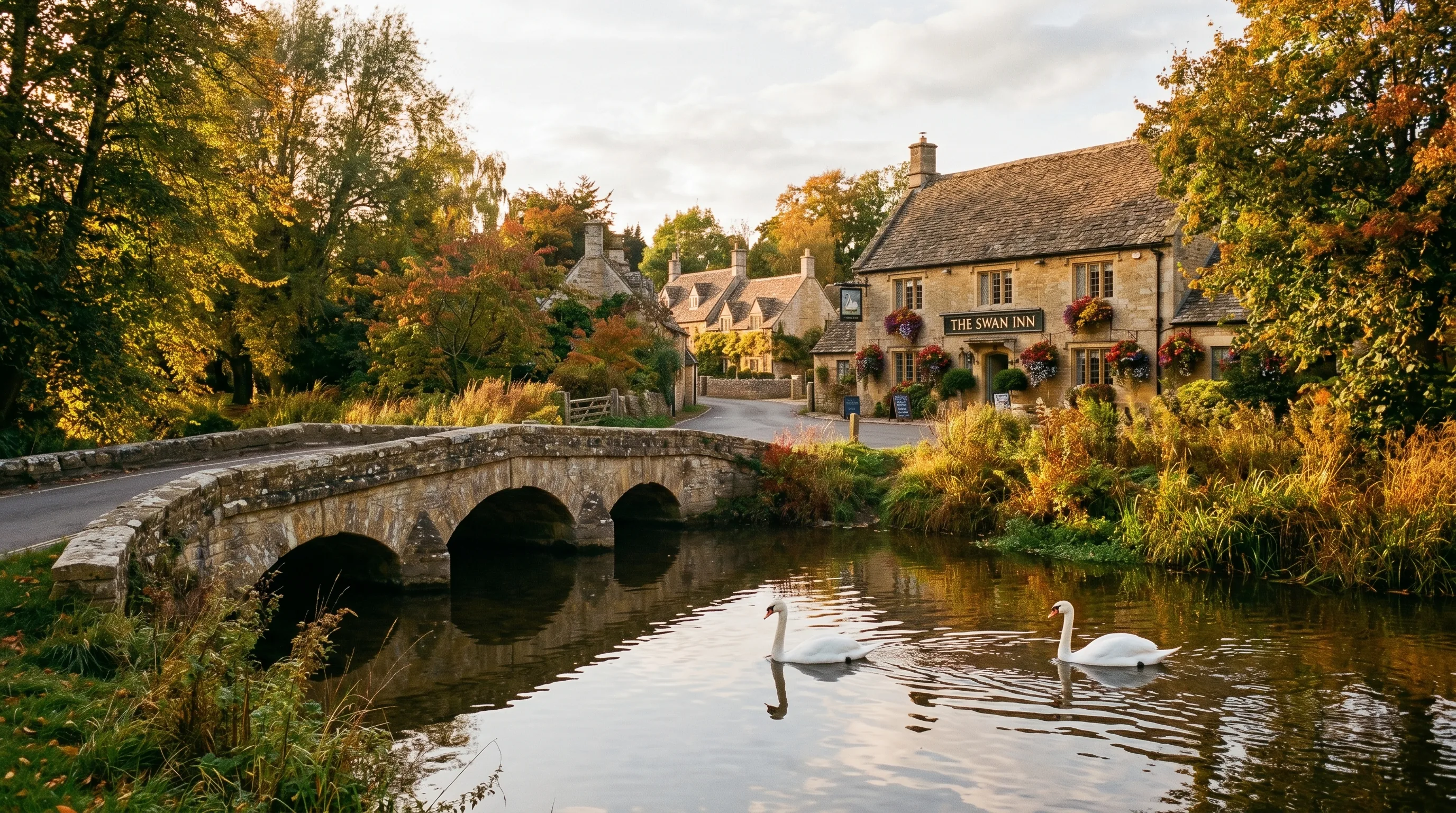 A quiet Cotswold village scene in early autumn, with a honey-coloured stone bridge over a still stream, a pair of swans on the water, a traditional pub with hanging baskets in the distance, and golden autumn leaves in warm afternoon light