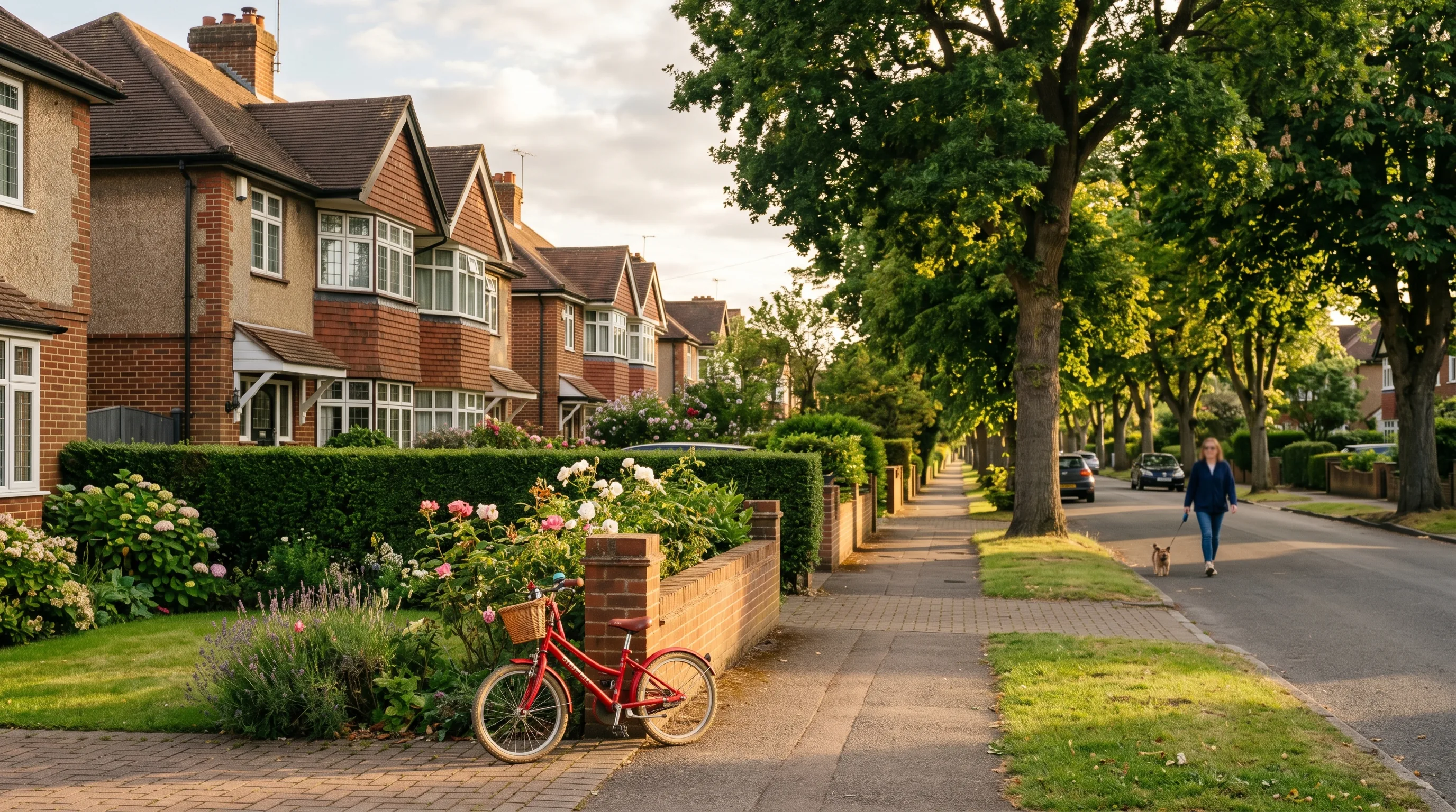 A peaceful tree-lined English residential street in golden afternoon light, with 1930s semi-detached brick houses, tidy privet hedges, rose-filled front gardens, and a child's red bicycle leaning unlocked against a garden wall