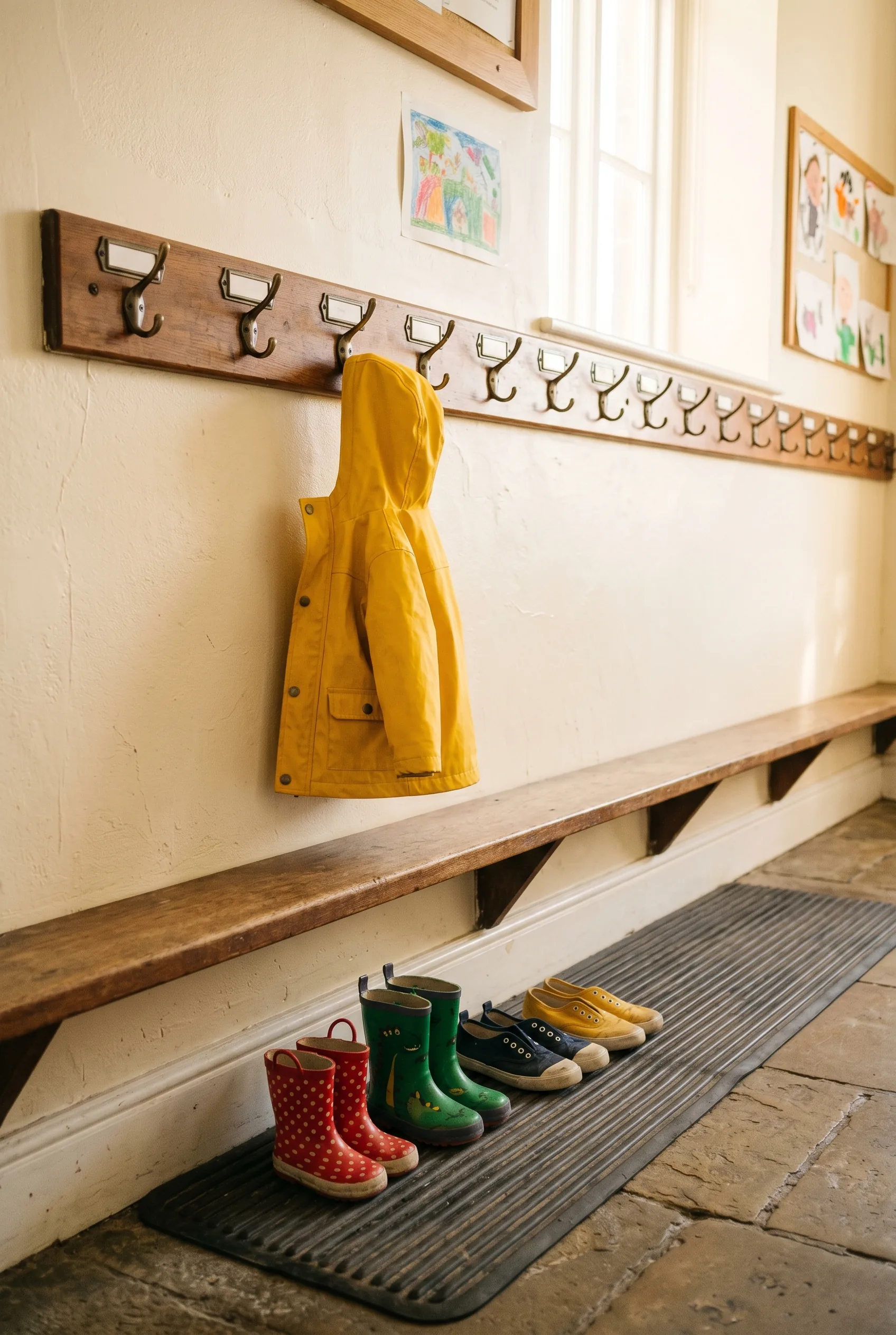 A cheerful row of wooden coat pegs along a sunlit cloakroom wall in a British primary school, with small wellies and plimsolls lined up on a rubber mat beneath and a single yellow child's raincoat hanging on one peg