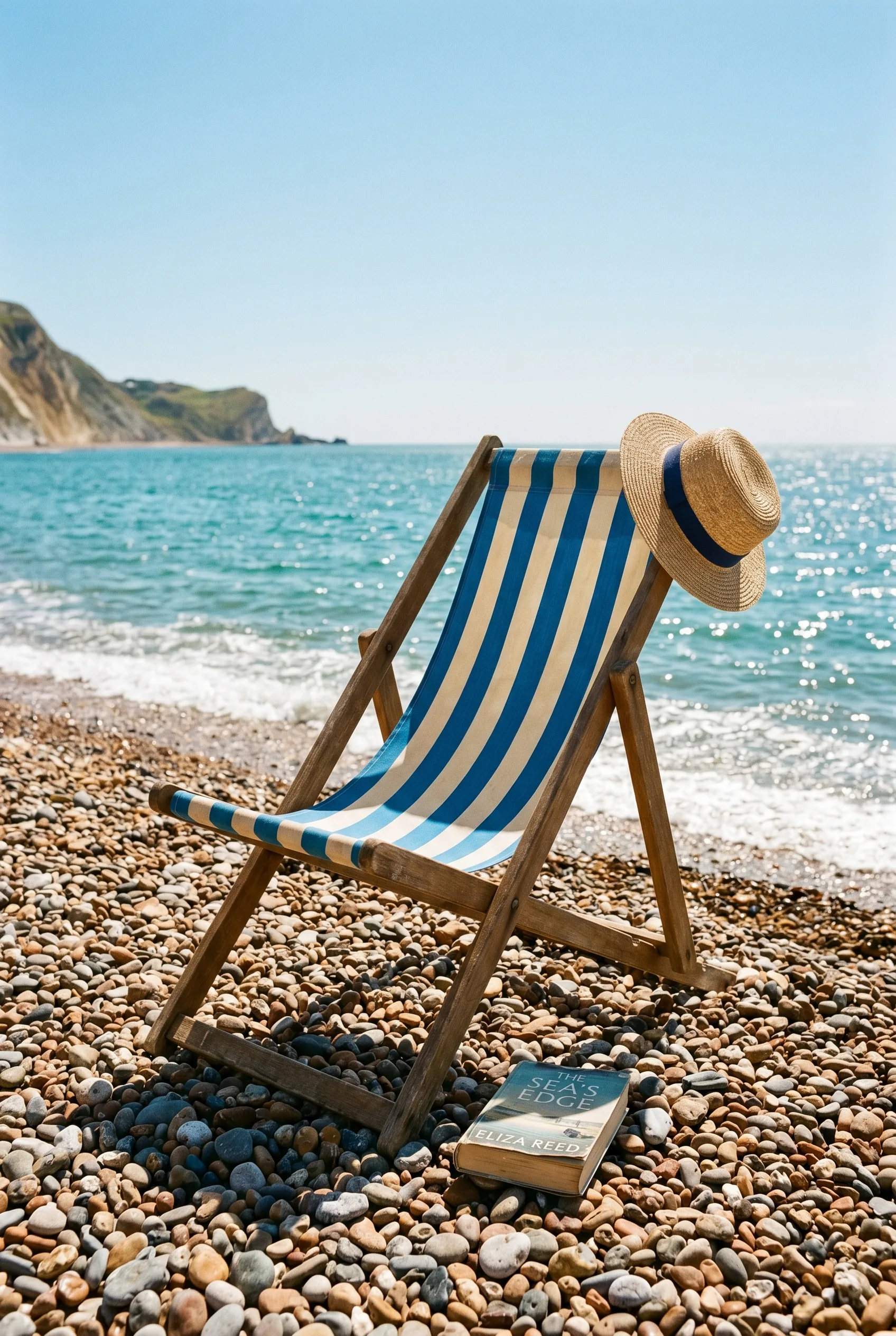 A single striped canvas deckchair on a sunlit pebbled British beach facing a sparkling sea, with a straw sun hat on the corner of the chair and a paperback book on the pebbles under a cloudless sky