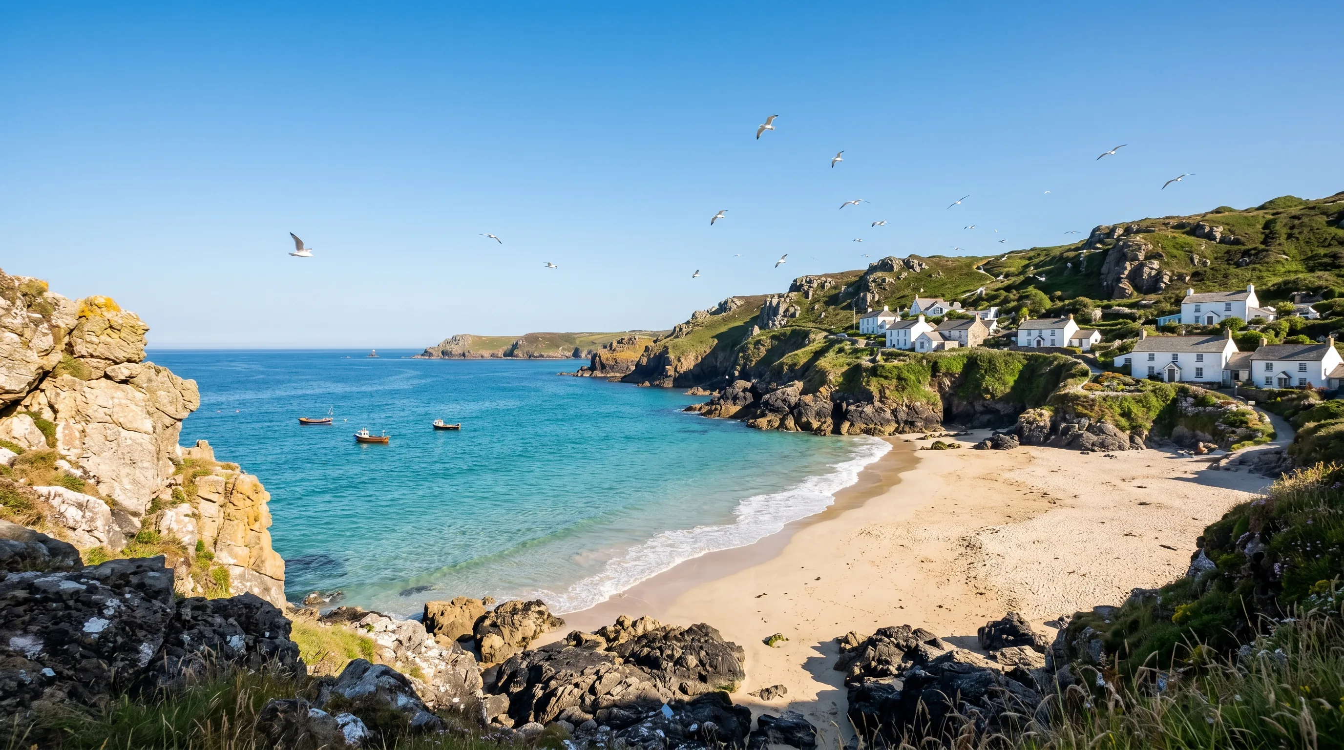 A tranquil Cornish cove on a cloudless summer day with turquoise water, pale golden sand, white-washed cottages perched above the beach, and gulls wheeling in a brilliant blue sky