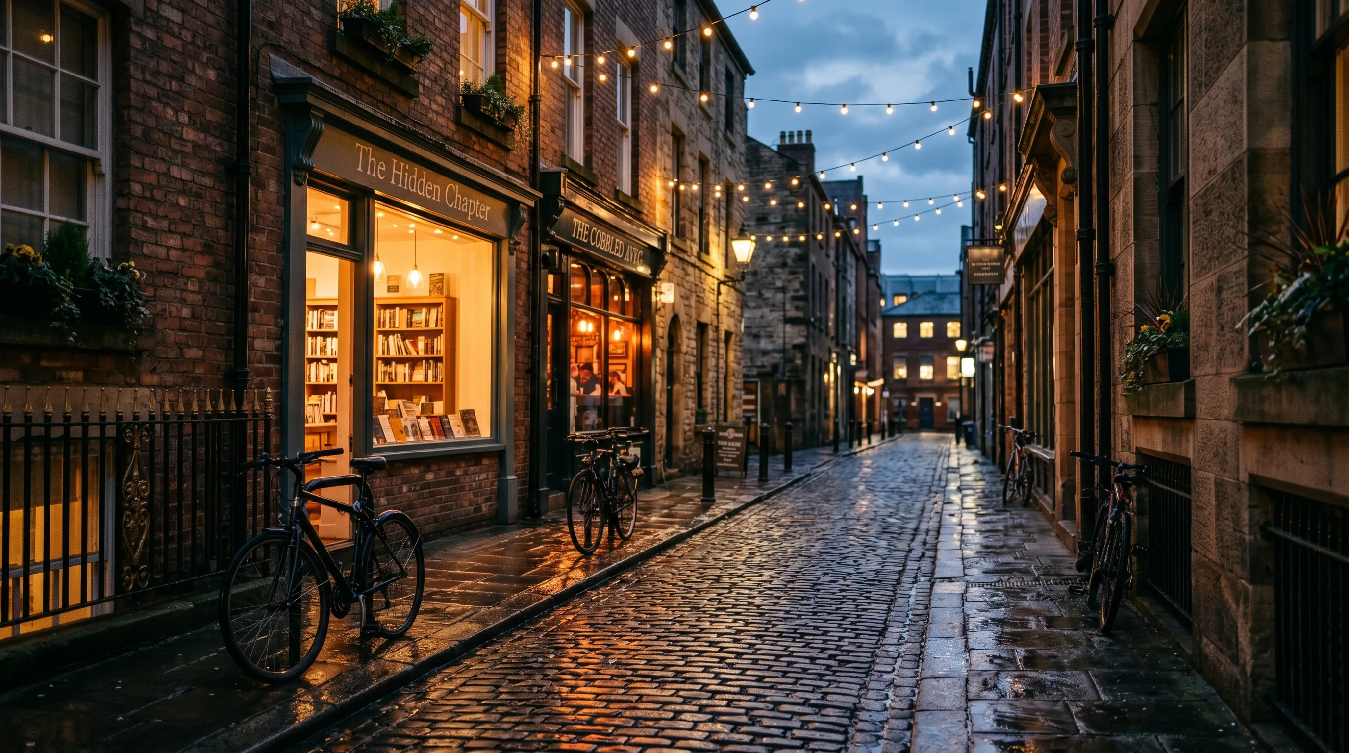 A buzzing urban side street at twilight in a northern English city, with warm lamplight spilling from small bars and an independent bookshop, bicycles locked to railings, string lights across a pedestrian alley, and a soft rain sheen on the cobbles