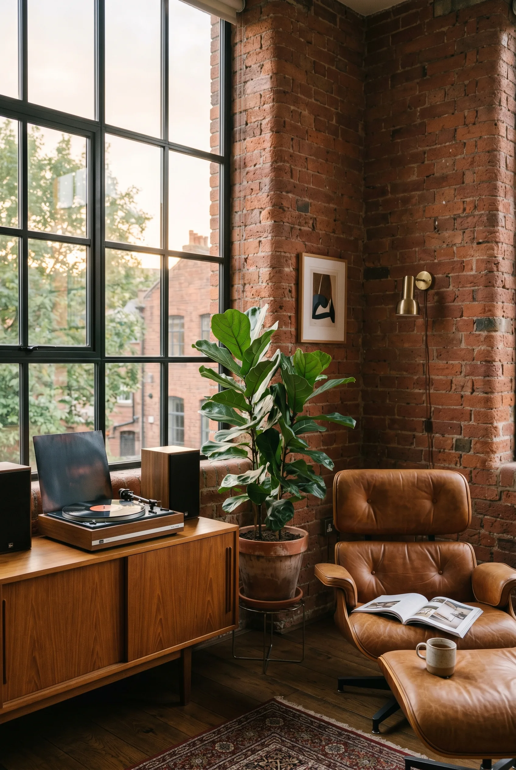 The bright corner of a converted warehouse flat with exposed red-brick wall, a tall black-framed industrial window, a large ficus plant, a vintage record player on a wooden credenza, and a mid-century leather armchair in warm evening light