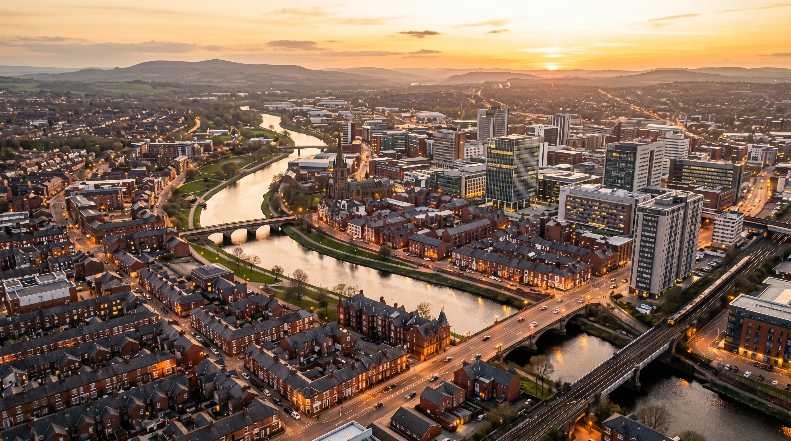 A mid-sized British city skyline at dusk with a river curving through the centre